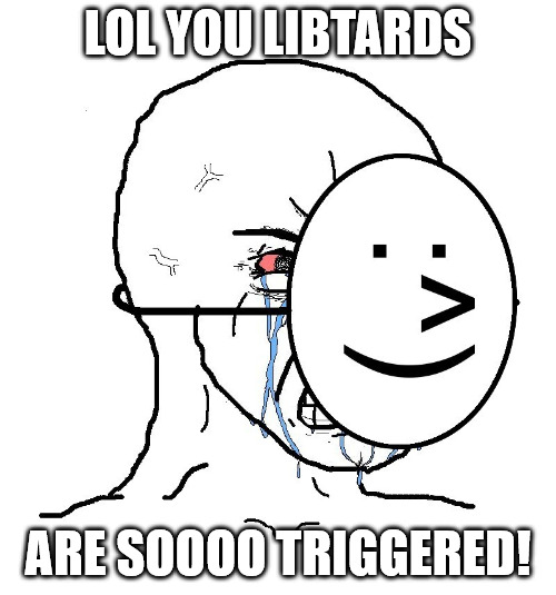I'm not owned, you libtards are just triggered! | LOL YOU LIBTARDS; ARE SOOOO TRIGGERED! | image tagged in pretending to be happy hiding crying behind a mask | made w/ Imgflip meme maker