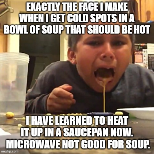 throw up | EXACTLY THE FACE I MAKE WHEN I GET COLD SPOTS IN A BOWL OF SOUP THAT SHOULD BE HOT; I HAVE LEARNED TO HEAT IT UP IN A SAUCEPAN NOW.  MICROWAVE NOT GOOD FOR SOUP. | image tagged in throw up | made w/ Imgflip meme maker