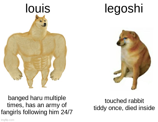 Beastars be like | louis; legoshi; banged haru multiple times, has an army of fangirls following him 24/7; touched rabbit tiddy once, died inside | image tagged in memes,buff doge vs cheems | made w/ Imgflip meme maker