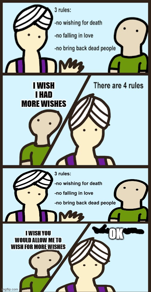 Ok | I WISH I HAD MORE WISHES; I WISH YOU WOULD ALLOW ME TO WISH FOR MORE WISHES; OK | image tagged in there are 3 rules | made w/ Imgflip meme maker