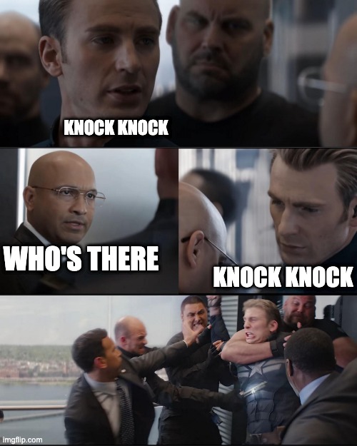 Captian America being beated | KNOCK KNOCK; WHO'S THERE; KNOCK KNOCK | image tagged in captian america being beated,knock knock | made w/ Imgflip meme maker