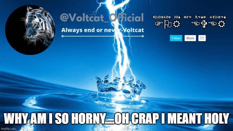 Voltcat new template | WHY AM I SO HORNY....OH CRAP I MEANT HOLY | image tagged in voltcat new template | made w/ Imgflip meme maker