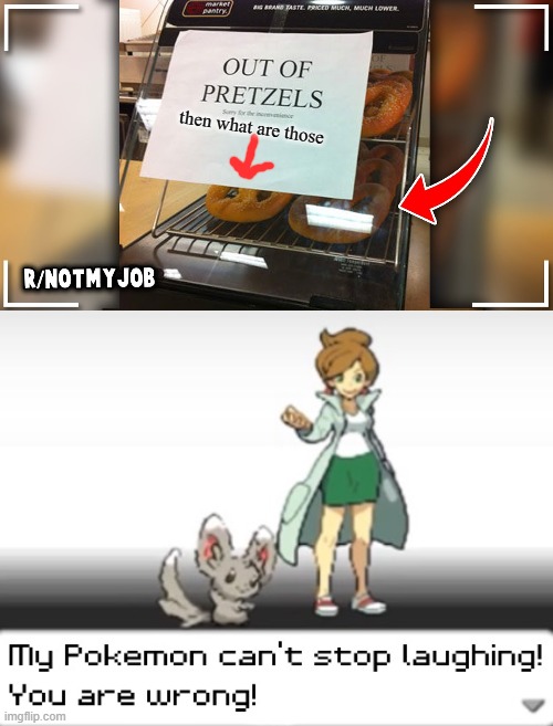 Then why are there pretzels right there? | then what are those | image tagged in my pokemon can't stop laughing you are wrong,pretzels | made w/ Imgflip meme maker
