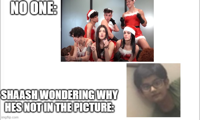 white background | NO ONE:; SHAASH WONDERING WHY HES NOT IN THE PICTURE: | image tagged in white background | made w/ Imgflip meme maker