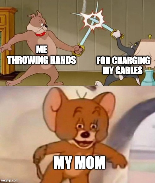 Tom and Jerry swordfight | ME THROWING HANDS; FOR CHARGING MY CABLES; MY MOM | image tagged in tom and jerry swordfight | made w/ Imgflip meme maker