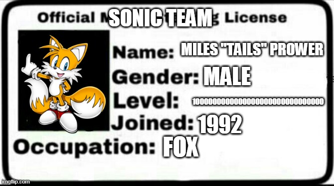 sonic team (TAILS) | SONIC TEAM; MILES "TAILS" PROWER; MALE; 1000000000000000000000000000000; 1992; FOX | image tagged in meme stealing license,tails,sonic the hedgehog | made w/ Imgflip meme maker