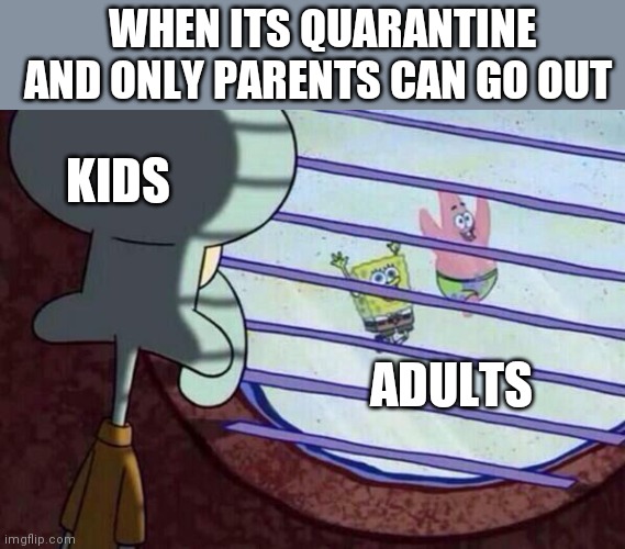 Squidward window | WHEN ITS QUARANTINE AND ONLY PARENTS CAN GO OUT; KIDS; ADULTS | image tagged in squidward window | made w/ Imgflip meme maker