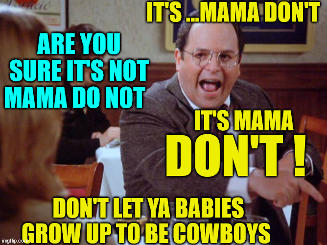 cowboys | IT'S ...MAMA DON'T; ARE YOU SURE IT'S NOT MAMA DO NOT; IT'S MAMA; DON'T ! DON'T LET YA BABIES GROW UP TO BE COWBOYS | image tagged in seinfeld,george costanza,country music,mama,willie nelson | made w/ Imgflip meme maker