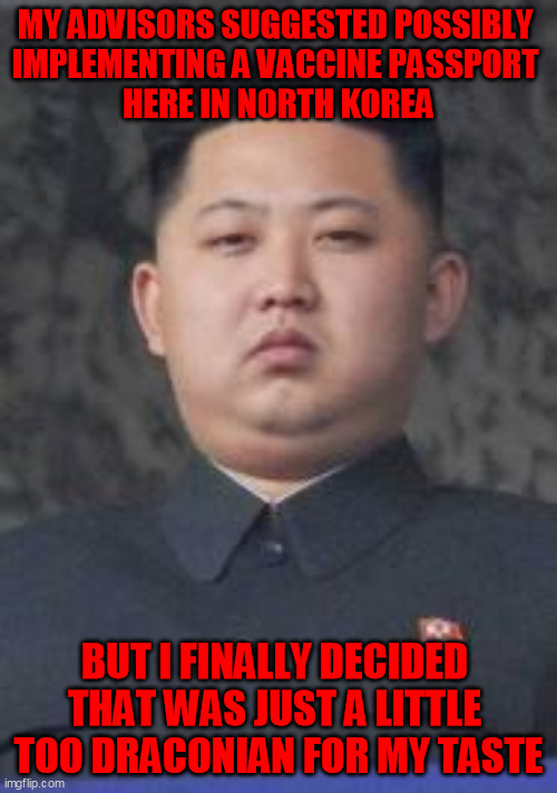 Credit to @FunTimeFred1 out there for the idea | MY ADVISORS SUGGESTED POSSIBLY 
IMPLEMENTING A VACCINE PASSPORT 
HERE IN NORTH KOREA; BUT I FINALLY DECIDED 
THAT WAS JUST A LITTLE 
TOO DRACONIAN FOR MY TASTE | image tagged in kim jong un,covid-19,coronavirus,global pandemic,scam,deep state | made w/ Imgflip meme maker