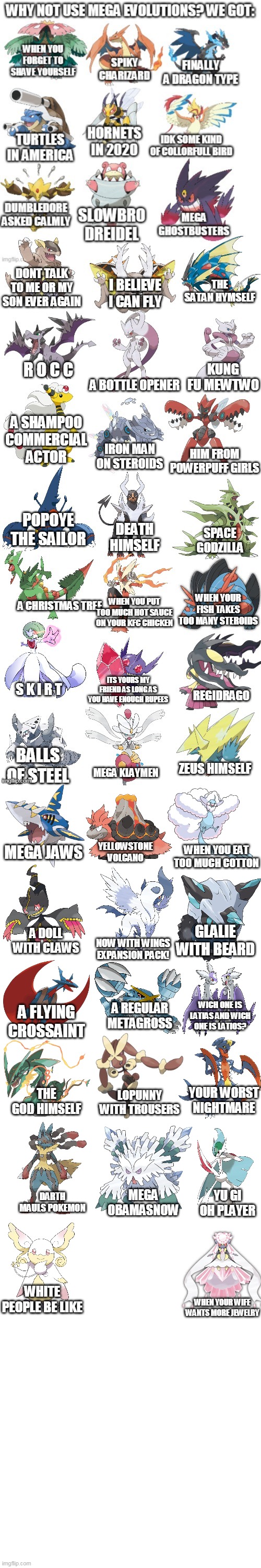 mega evolutions be like | YELLOWSTONE VOLCANO; WHEN YOU EAT TOO MUCH COTTON; MEGA JAWS; GLALIE WITH BEARD; A DOLL WITH CLAWS; NOW WITH WINGS EXPANSION PACK! WICH ONE IS LATIAS AND WICH ONE IS LATIOS? A REGULAR METAGROSS; A FLYING CROSSAINT; LOPUNNY WITH TROUSERS; YOUR WORST NIGHTMARE; THE GOD HIMSELF; MEGA OBAMASNOW; DARTH MAULS POKEMON; YU GI OH PLAYER; WHITE PEOPLE BE LIKE; WHEN YOUR WIFE WANTS MORE JEWELRY | image tagged in memes,funny,pokemon | made w/ Imgflip meme maker