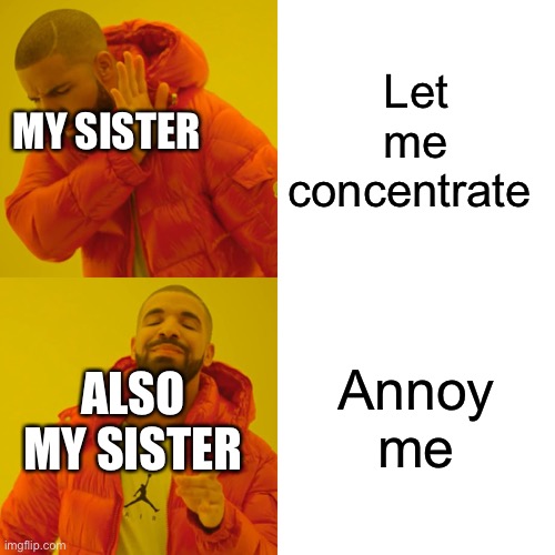 Annoying sister | Let me concentrate; MY SISTER; Annoy me; ALSO MY SISTER | image tagged in memes,drake hotline bling | made w/ Imgflip meme maker