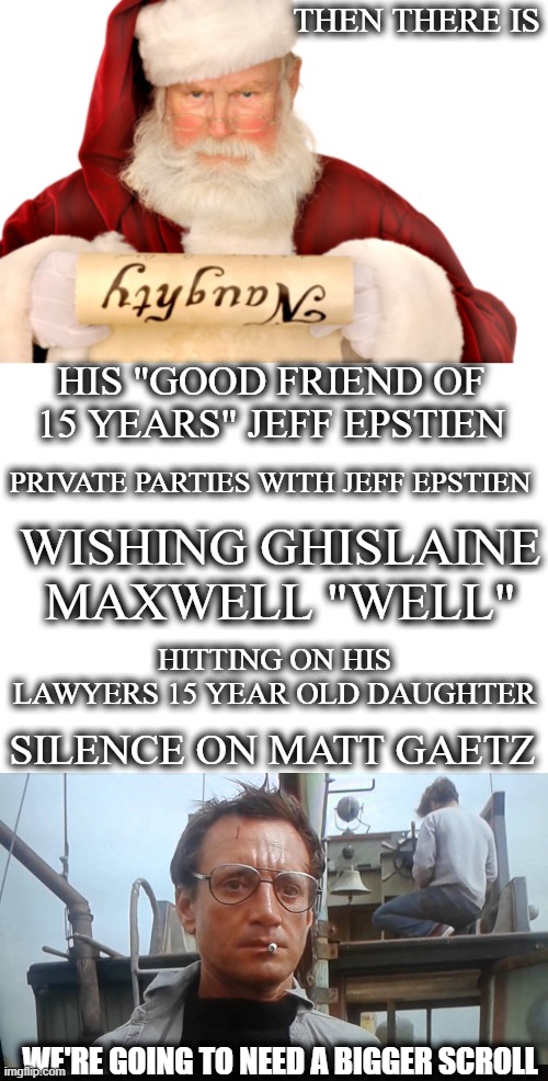 THEN THERE IS WE'RE GOING TO NEED A BIGGER SCROLL HIS "GOOD FRIEND OF 15 YEARS" JEFF EPSTIEN WISHING GHISLAINE MAXWELL "WELL" PRIVATE PARTIE | image tagged in santa naughty list,blank white template,we're gonna need a bigger boat | made w/ Imgflip meme maker