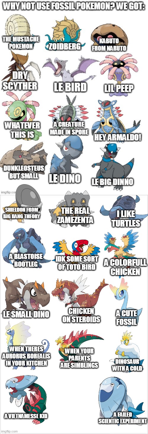 fossil pokemon be like | THE REAL ZAMEZENTA; SHIELDON FROM BIG BANG THEORY; I LIKE TURTLES; A BLASTOISE BOOTLEG; A COLORFULL CHICKEN; IDK SOME SORT OF TOTO BIRD; CHICKEN ON STEROIDS; LE SMALL DINO; A CUTE FOSSIL; WHEN THERES AURORUS BOREALIS IN YOUR KITCHEN; WHEN YOUR PARENTS ARE SIMBLINGS; DINOSAUR WITH A COLD; A FAILED SCIENTIC EXPERIMENT; A VIETNAMESSE KID | image tagged in memes,funny,pokemon | made w/ Imgflip meme maker