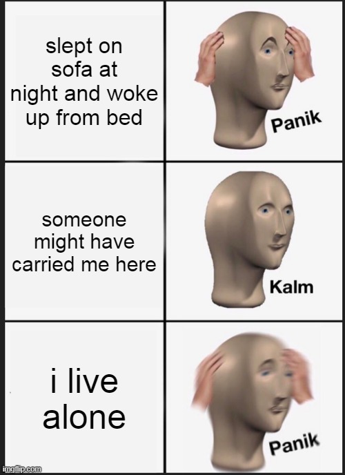 Panik Kalm Panik Meme | slept on sofa at night and woke up from bed; someone might have carried me here; i live alone | image tagged in memes,panik kalm panik | made w/ Imgflip meme maker