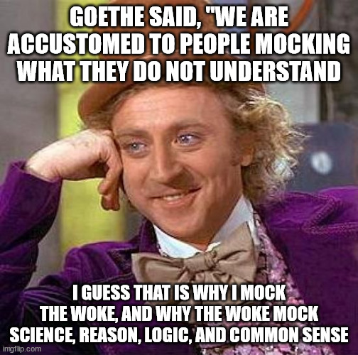 I don't understand unscientific, unreason, illogic, or senseless | GOETHE SAID, "WE ARE ACCUSTOMED TO PEOPLE MOCKING WHAT THEY DO NOT UNDERSTAND; I GUESS THAT IS WHY I MOCK THE WOKE, AND WHY THE WOKE MOCK SCIENCE, REASON, LOGIC, AND COMMON SENSE | image tagged in memes,creepy condescending wonka,goethe,woke | made w/ Imgflip meme maker