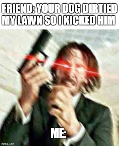 Triggered John Wick | FRIEND: YOUR DOG DIRTIED MY LAWN SO I KICKED HIM; ME: | image tagged in triggered john wick | made w/ Imgflip meme maker