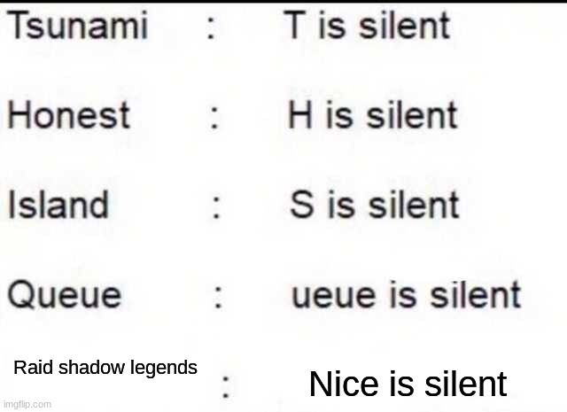 Raid isn't nice | Nice is silent; Raid shadow legends | image tagged in is silent,memes,raid shadow legends,the truth | made w/ Imgflip meme maker