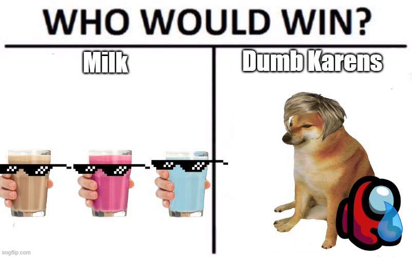 Who Would Win? | Dumb Karens; Milk | image tagged in memes,who would win | made w/ Imgflip meme maker