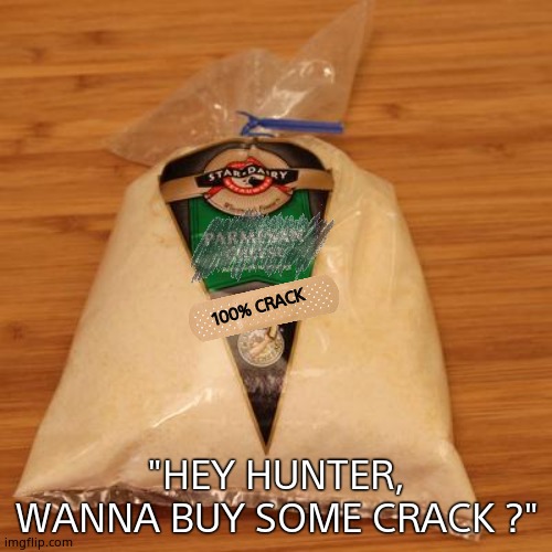 'Crack'in Cheese Hunter . |  100% CRACK; "HEY HUNTER, WANNA BUY SOME CRACK ?" | image tagged in parmesan,hunter,biden,crackhead,cocaine,political meme | made w/ Imgflip meme maker