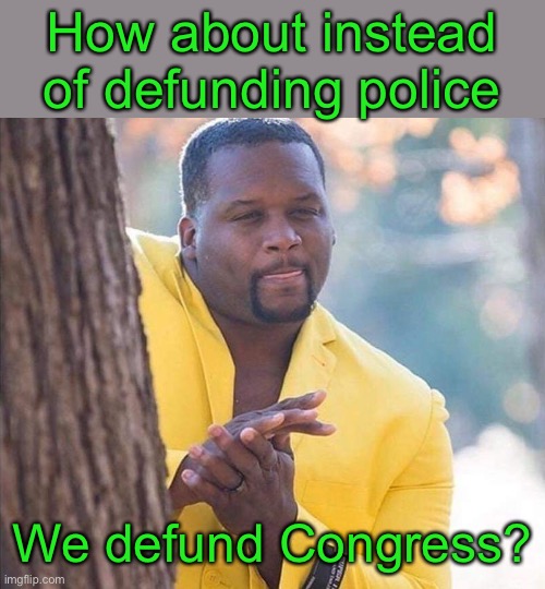 Yellow Jacket Man Excited | How about instead of defunding police We defund Congress? | image tagged in yellow jacket man excited | made w/ Imgflip meme maker