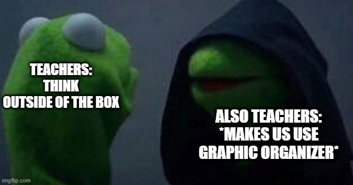 Teachers Be Like | TEACHERS: THINK OUTSIDE OF THE BOX; ALSO TEACHERS: *MAKES US USE GRAPHIC ORGANIZER* | image tagged in me and also me | made w/ Imgflip meme maker