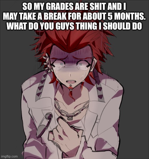 SO MY GRADES ARE SHIT AND I MAY TAKE A BREAK FOR ABOUT 5 MONTHS. WHAT DO YOU GUYS THING I SHOULD DO | made w/ Imgflip meme maker