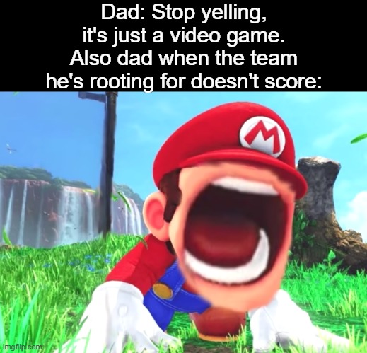Mario screaming |  Dad: Stop yelling, it's just a video game.
Also dad when the team he's rooting for doesn't score: | image tagged in mario screaming,memes | made w/ Imgflip meme maker
