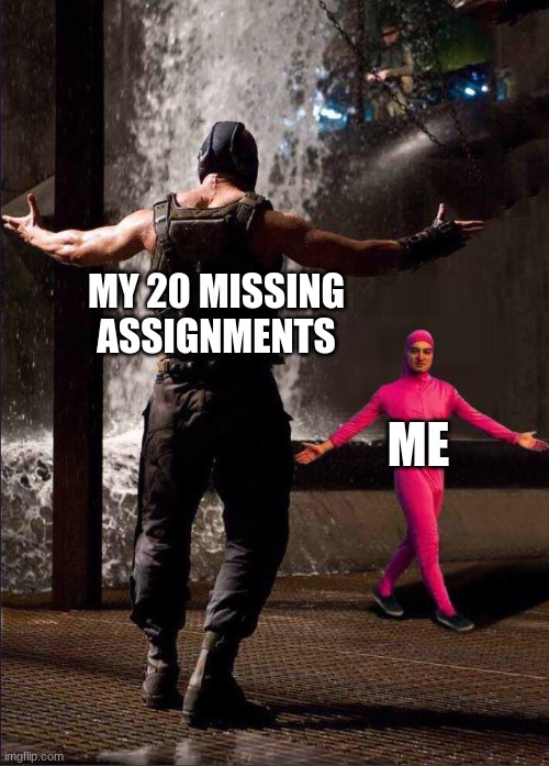 Pink Guy vs Bane | MY 20 MISSING ASSIGNMENTS; ME | image tagged in pink guy vs bane | made w/ Imgflip meme maker