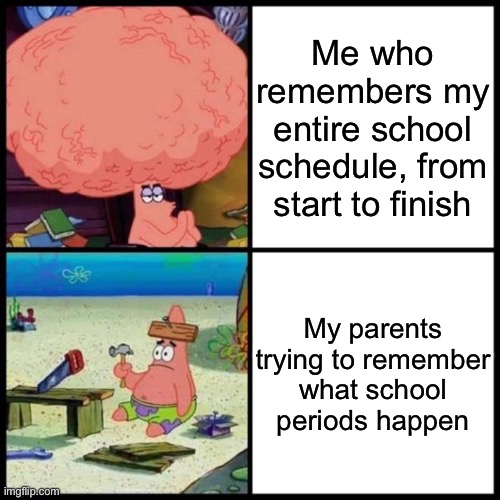 Patrick Big Brain vs small brain | Me who remembers my entire school schedule, from start to finish; My parents trying to remember what school periods happen | image tagged in patrick big brain vs small brain | made w/ Imgflip meme maker