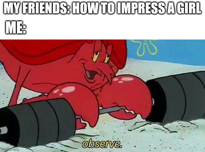 Observe | MY FRIENDS: HOW TO IMPRESS A GIRL; ME: | image tagged in observe | made w/ Imgflip meme maker