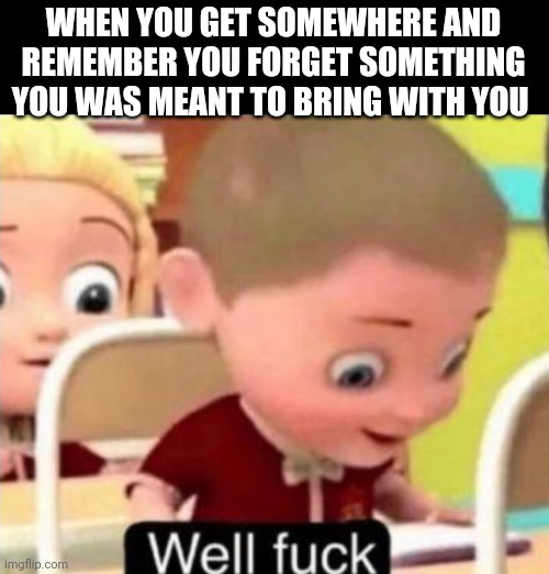 Well frick | WHEN YOU GET SOMEWHERE AND REMEMBER YOU FORGET SOMETHING YOU WAS MEANT TO BRING WITH YOU | image tagged in well f ck | made w/ Imgflip meme maker