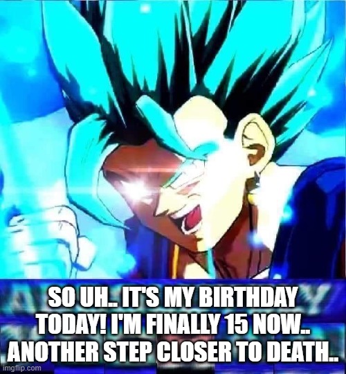 absolutely yoshaa | SO UH.. IT'S MY BIRTHDAY TODAY! I'M FINALLY 15 NOW.. ANOTHER STEP CLOSER TO DEATH.. | image tagged in absolutely yoshaa | made w/ Imgflip meme maker