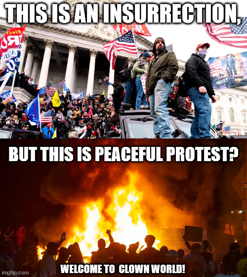 Clown World | THIS IS AN INSURRECTION, BUT THIS IS PEACEFUL PROTEST? WELCOME TO  CLOWN WORLD! | image tagged in capitol riot,portland riots | made w/ Imgflip meme maker