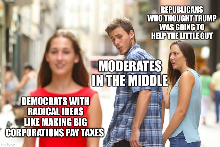 Moderates swing election to democrats | REPUBLICANS WHO THOUGHT TRUMP WAS GOING TO HELP THE LITTLE GUY; MODERATES IN THE MIDDLE; DEMOCRATS WITH RADICAL IDEAS LIKE MAKING BIG CORPORATIONS PAY TAXES | image tagged in memes,distracted boyfriend,democrats,democrata,leftist politics,moderates in the middle | made w/ Imgflip meme maker