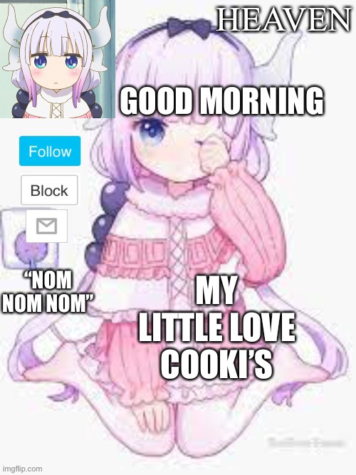 Good morning my Little... You know... u saw the image | GOOD MORNING; MY LITTLE LOVE COOKI’S | image tagged in heavens template | made w/ Imgflip meme maker