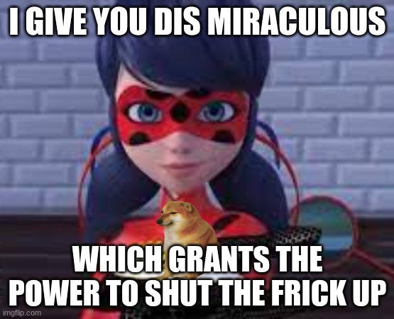i give you the power-miraculous |  I GIVE YOU DIS MIRACULOUS; WHICH GRANTS THE POWER TO SHUT THE FRICK UP | image tagged in miraculous ladybug,wow,cheems,yers | made w/ Imgflip meme maker