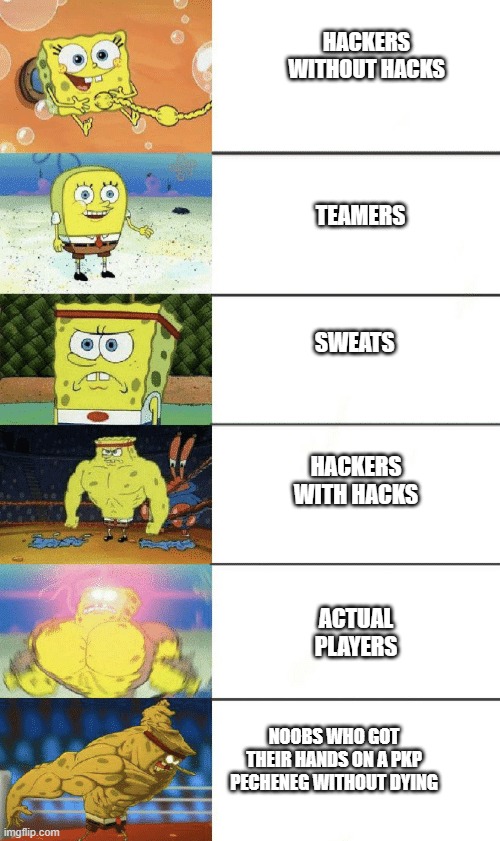 surviv.io players | HACKERS WITHOUT HACKS; TEAMERS; SWEATS; HACKERS WITH HACKS; ACTUAL PLAYERS; NOOBS WHO GOT THEIR HANDS ON A PKP PECHENEG WITHOUT DYING | image tagged in spongebob strong,survivio | made w/ Imgflip meme maker