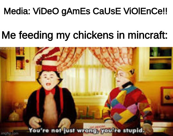 Media: ViDeO gAmEs CaUsE ViOlEnCe!! Me feeding my chickens in mincraft: | image tagged in blank white template,your not just wrong your stupid,memes,funny,minecraft,not really a gif | made w/ Imgflip meme maker