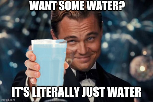 just water | WANT SOME WATER? IT'S LITERALLY JUST WATER | image tagged in memes,leonardo dicaprio cheers | made w/ Imgflip meme maker