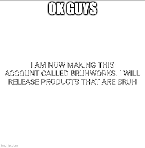 OK GUYS; I AM NOW MAKING THIS ACCOUNT CALLED BRUHWORKS. I WILL RELEASE PRODUCTS THAT ARE BRUH | image tagged in bruh | made w/ Imgflip meme maker