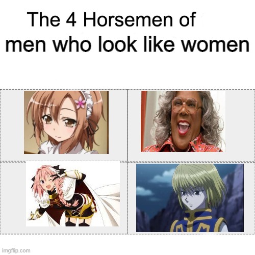 CREWMaATE: THERE IS 1 IMPOSTOR AMONG US | men who look like women | image tagged in four horsemen,couldntthinkofa4thpersonsrry | made w/ Imgflip meme maker