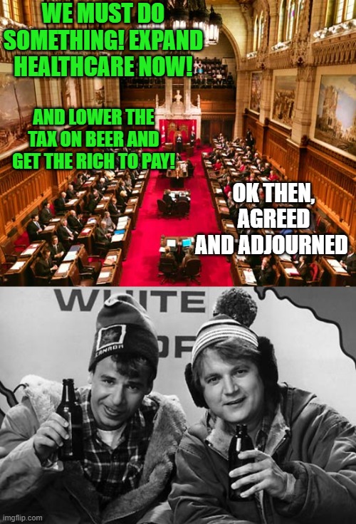 WE MUST DO SOMETHING! EXPAND HEALTHCARE NOW! OK THEN, AGREED AND ADJOURNED AND LOWER THE TAX ON BEER AND GET THE RICH TO PAY! | image tagged in bob and doug canada | made w/ Imgflip meme maker
