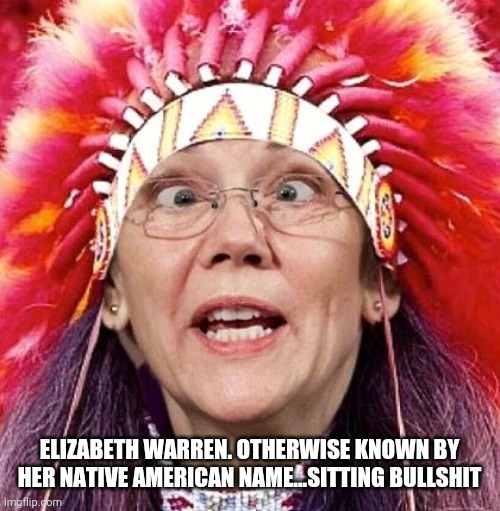 Elizabeth Warren | ELIZABETH WARREN. OTHERWISE KNOWN BY HER NATIVE AMERICAN NAME...SITTING BULLSHIT | image tagged in elizabeth warren,native americans,stupid liberals,liberal hypocrisy | made w/ Imgflip meme maker