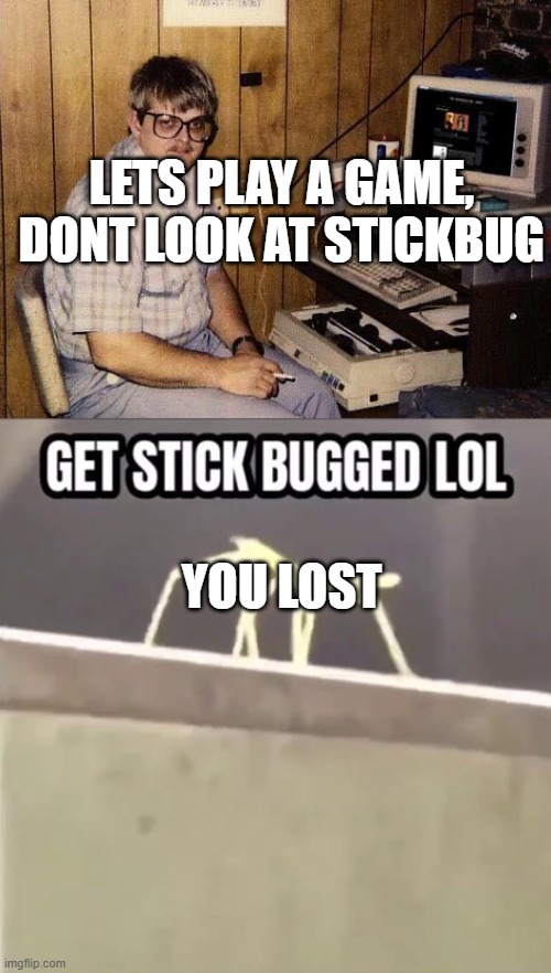 a lil game | LETS PLAY A GAME, DONT LOOK AT STICKBUG; YOU LOST | image tagged in computer nerd,get stick bugged lol | made w/ Imgflip meme maker