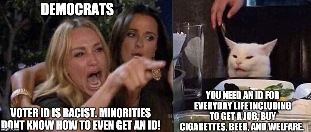 Democrats are racist | DEMOCRATS; YOU NEED AN ID FOR EVERYDAY LIFE INCLUDING TO GET A JOB, BUY CIGARETTES, BEER, AND WELFARE. VOTER ID IS RACIST. MINORITIES DONT KNOW HOW TO EVEN GET AN ID! | image tagged in woman yelling at cat,democrats,voter fraud,minorities,georgia | made w/ Imgflip meme maker