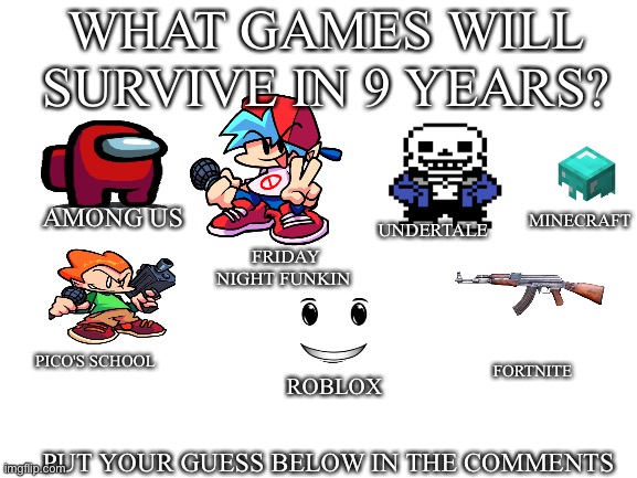 7 popular games | WHAT GAMES WILL SURVIVE IN 9 YEARS? AMONG US; MINECRAFT; FRIDAY NIGHT FUNKIN; UNDERTALE; PICO'S SCHOOL; FORTNITE; ROBLOX; PUT YOUR GUESS BELOW IN THE COMMENTS | image tagged in blank white template,games | made w/ Imgflip meme maker