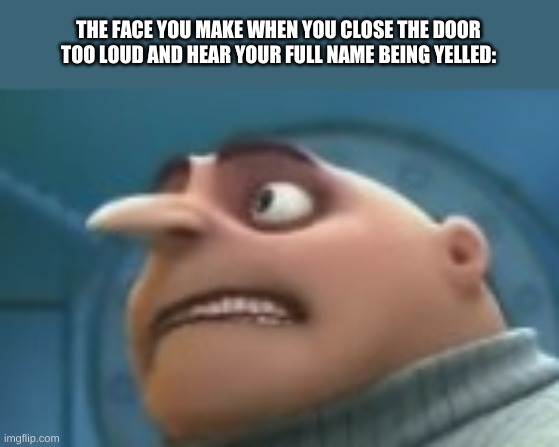 THE FACE YOU MAKE WHEN YOU CLOSE THE DOOR TOO LOUD AND HEAR YOUR FULL NAME BEING YELLED: | image tagged in scared gru | made w/ Imgflip meme maker