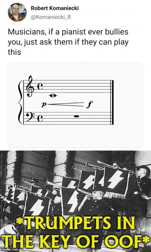 [rare insult grows steadily louder] | image tagged in pianist insult,trumpets in the key of oof,music,trumpets,oof,piano | made w/ Imgflip meme maker