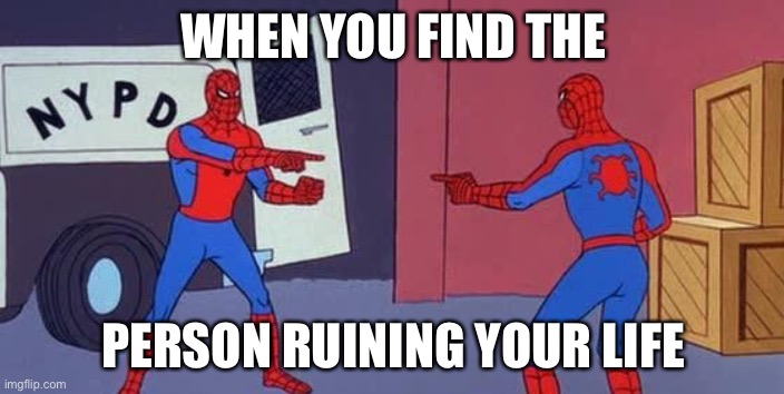Relatable |  WHEN YOU FIND THE; PERSON RUINING YOUR LIFE | image tagged in spider man double | made w/ Imgflip meme maker