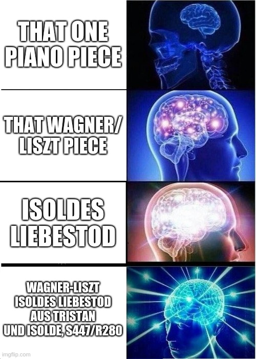 Expanding Brain | THAT ONE PIANO PIECE; THAT WAGNER/ LISZT PIECE; ISOLDES LIEBESTOD; WAGNER-LISZT ISOLDES LIEBESTOD AUS TRISTAN UND ISOLDE, S447/R280 | image tagged in memes,expanding brain | made w/ Imgflip meme maker